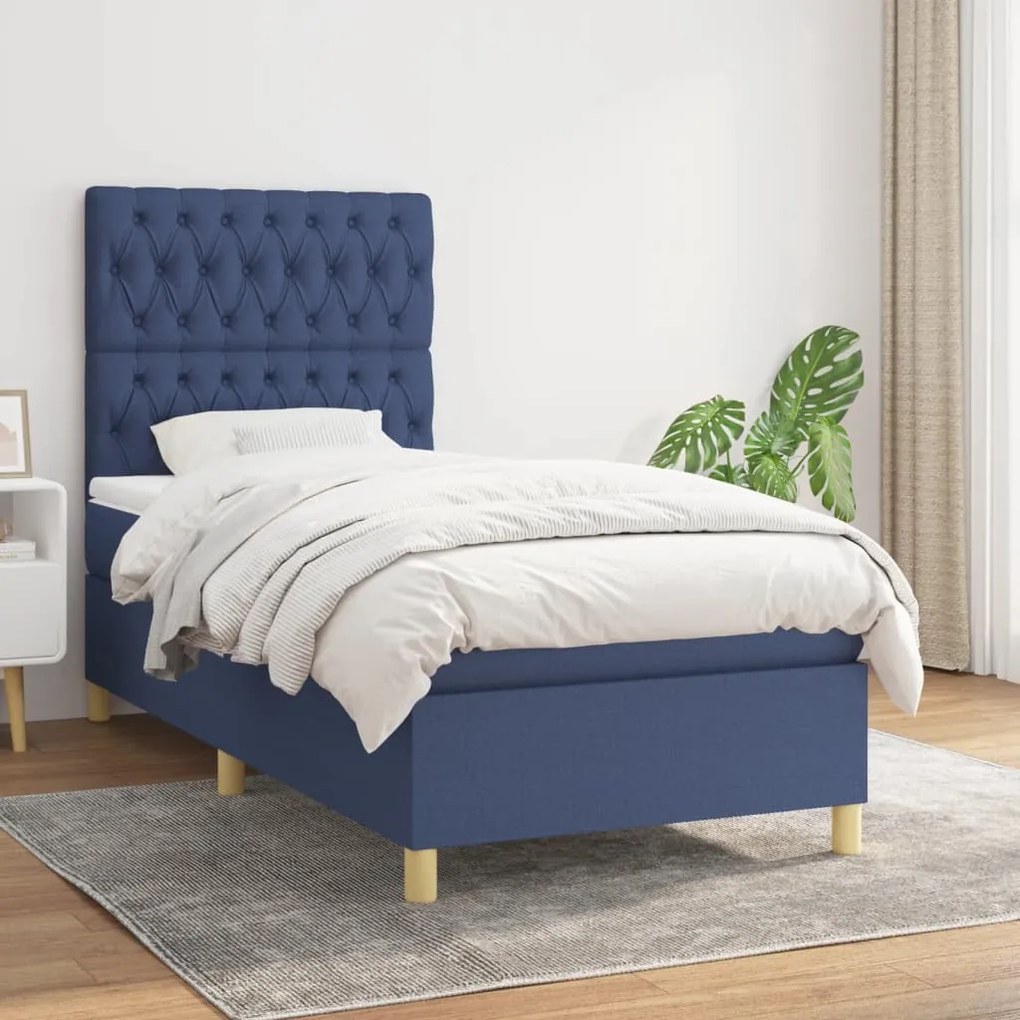 Κρεβάτι Boxspring με Στρώμα Μπλε 90x200 εκ.Υφασμάτινο