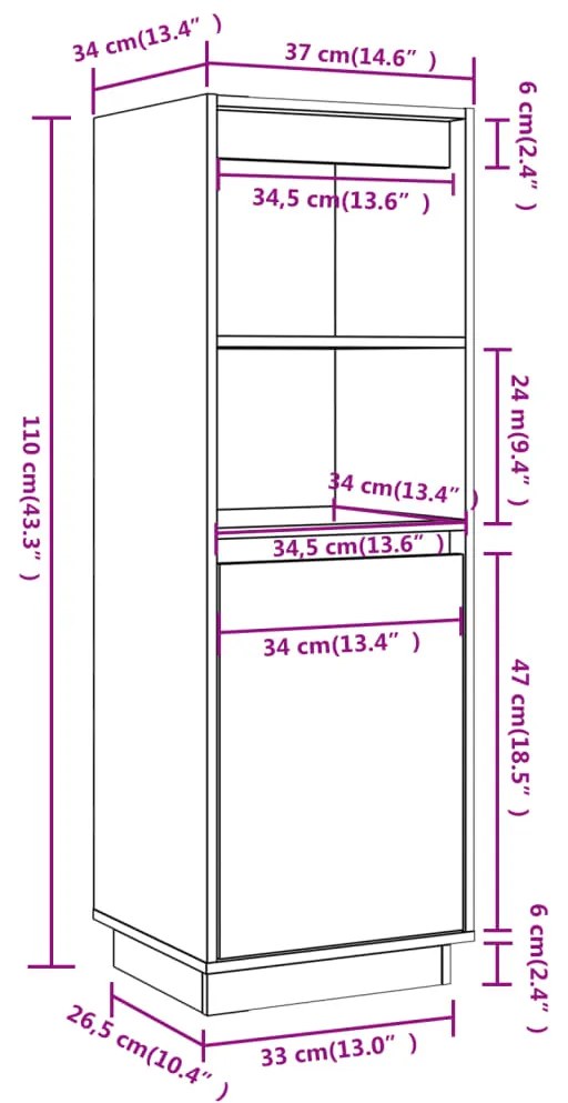 Ντουλάπι Ψηλό Γκρι 37 x 34 x 110 εκ. από Μασίφ Ξύλο Πεύκου - Γκρι