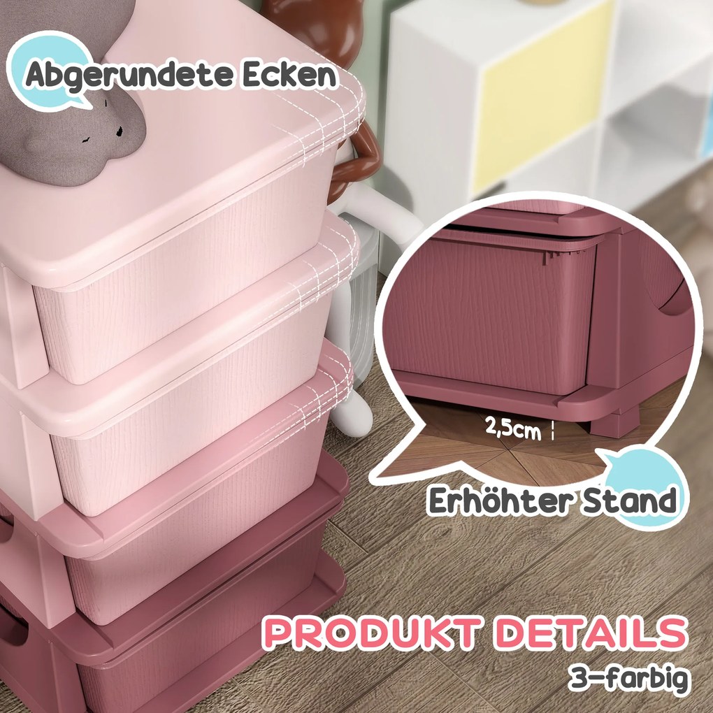HOMCOM Κουτιά αποθήκευσης για παιδιά, 4 συρτάρια, στρογγυλεμένες άκρες, ανυψωμένος σχεδιασμός, 37x37x76 cm, Ροζ