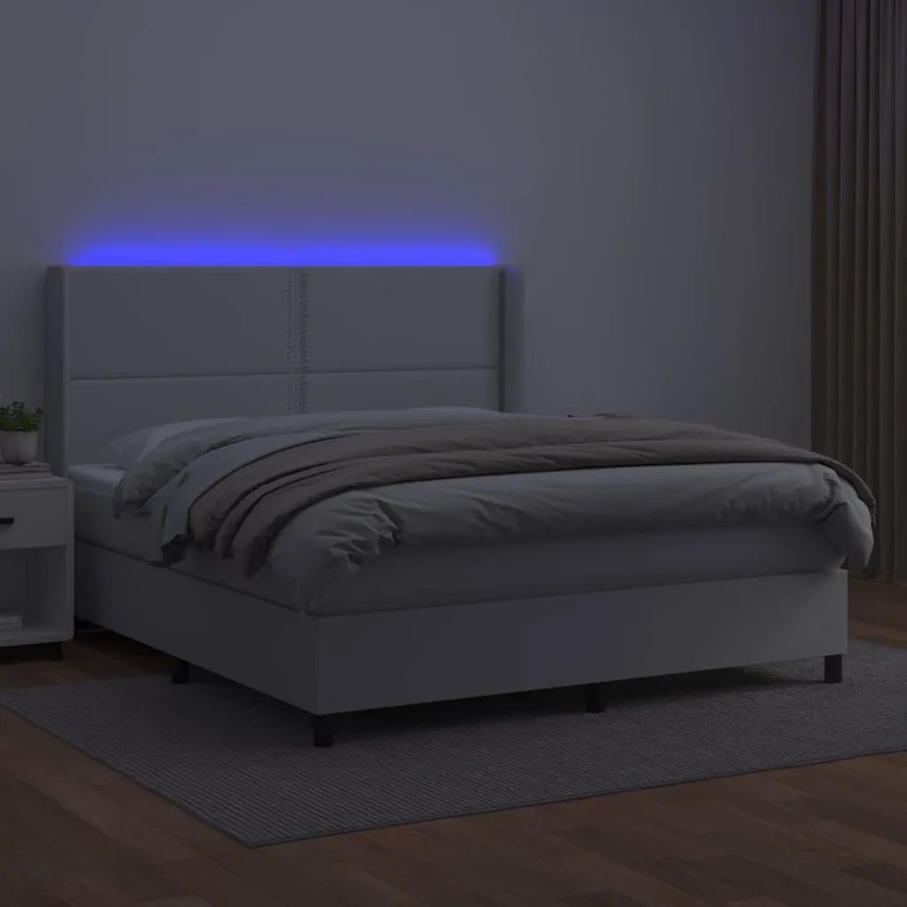 Κρεβάτι Boxspring με Στρώμα &amp; LED Λευκό 180x200 εκ. Συνθ. Δέρμα - Λευκό