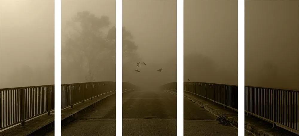 Πέταγμα πουλιών πάνω από τη γέφυρα 5 τμημάτων εικόνας σε σχέδιο σέπια - 200x100