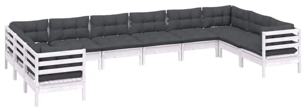 vidaXL Σαλόνι Κήπου Σετ 10 Τεμαχίων Λευκό από Ξύλο Πεύκου με Μαξιλάρια