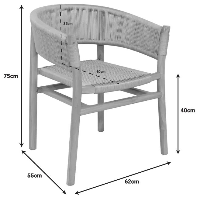 Πολυθρόνα Kajone pakoworld σκελετός teak ξύλο σε φυσική απόχρωση και κρεμ σχοινί 62x55x75εκ