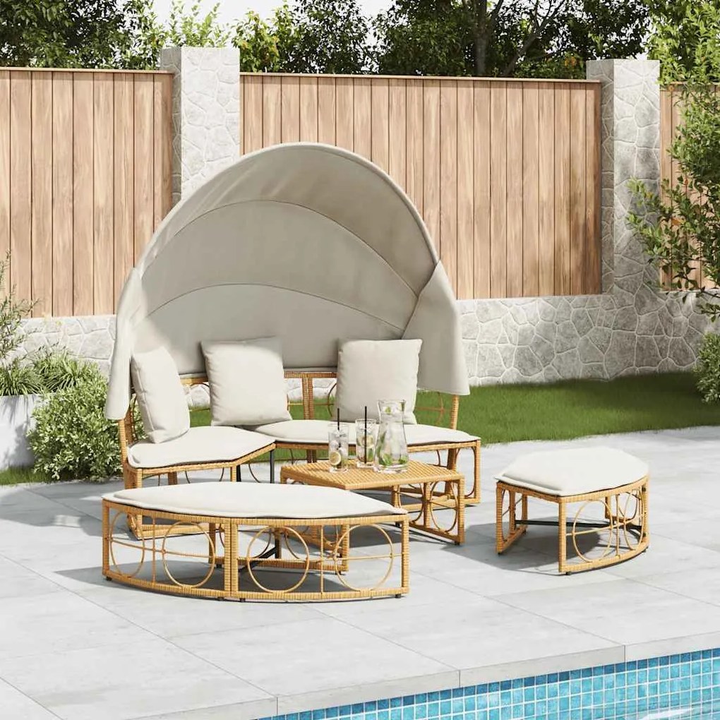 vidaXL Εξωτερική Lounge κρεβάτι με θόλο και μαξιλάρια Poly Rattan