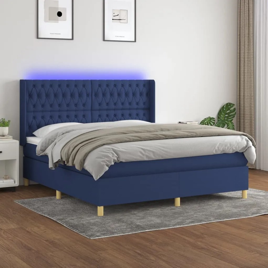 Κρεβάτι Boxspring με Στρώμα &amp; LED Μπλε 160x200 εκ. Υφασμάτινο