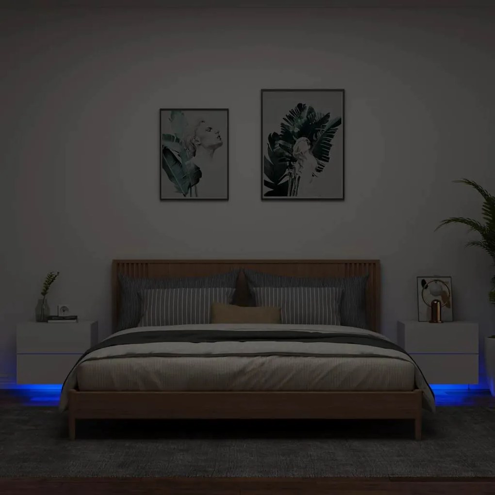 vidaXL Κομοδίνα Επιτοίχια με Φώτα LED 2 τεμ. Λευκά
