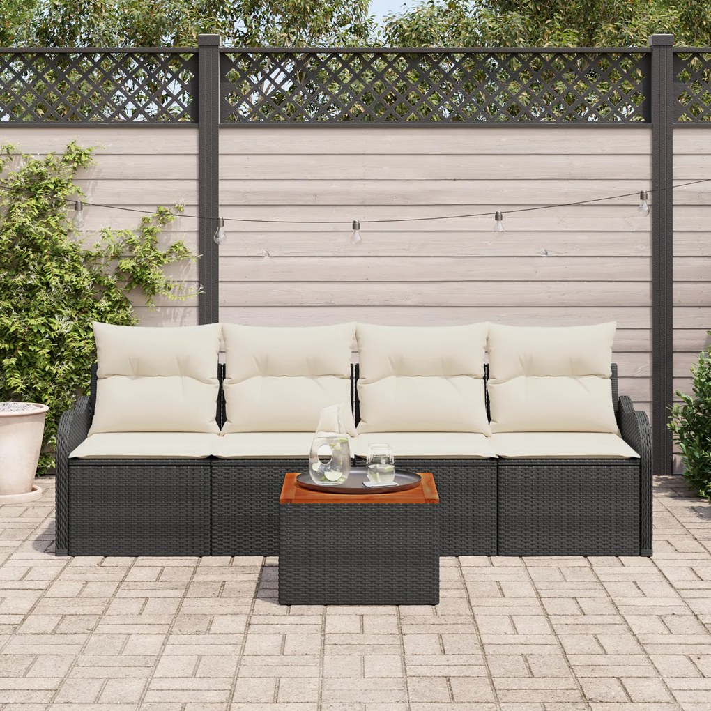 vidaXL 5 Piece Garden Sofa Set with Cushions Black Poly Rattan Acacia