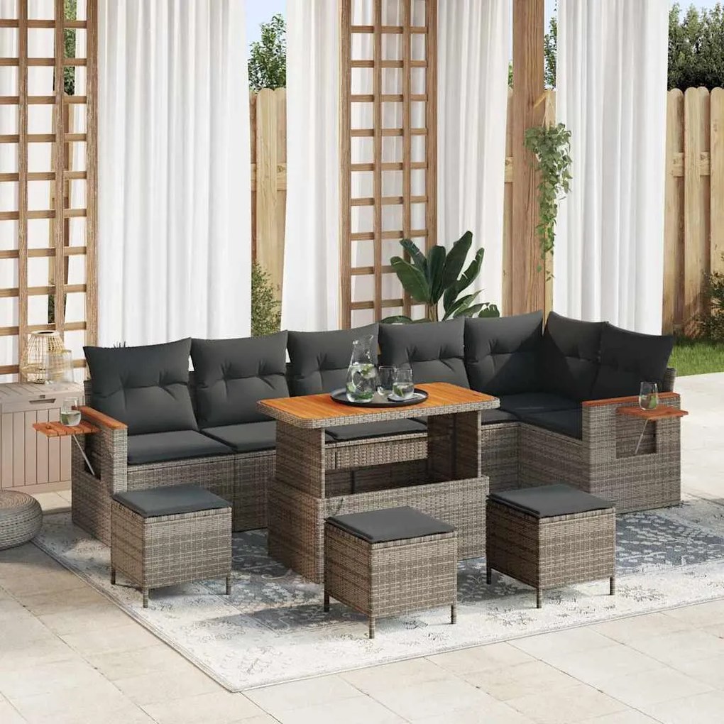 vidaXL Σετ Καναπέ Κήπου με μαξιλάρι 10 pcs Γκρι Πολυ ράταν