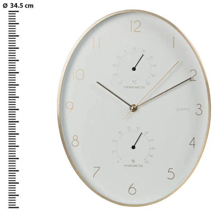 Ρολόι τοίχου 837362270 Kράμα αλουμινίου, με θερμόμετρο και υγρόμετρο, διαστάσεων 34.5x27.1x4.2cm χρυσή στεφάνη, δείκτες και αριθμοί με λευκό καντράν