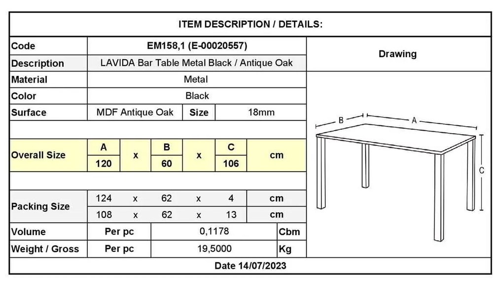 Τραπέζι BAR LAVIDA 120x60 Antique Oak, Μεταλ.Μαύρο
