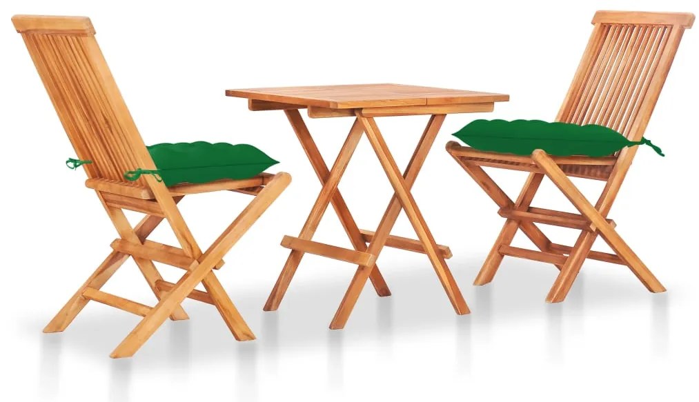 vidaXL Σετ Επίπλων Mπιστρό 3 τεμ. Μασίφ Ξύλο Teak με Πράσινα Μαξιλάρια
