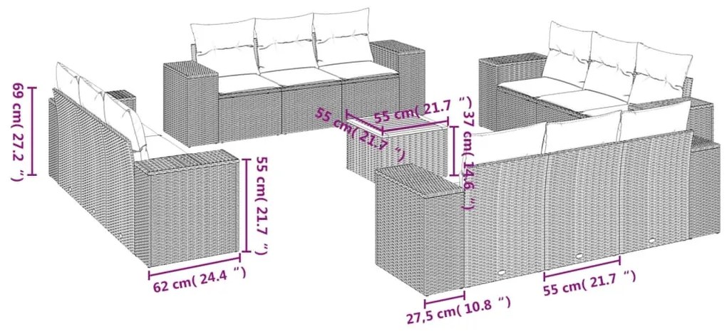 vidaXL Σαλόνι Κήπου 13 Τεμαχίων Γκρι από Συνθετικό Ρατάν με Μαξιλάρια