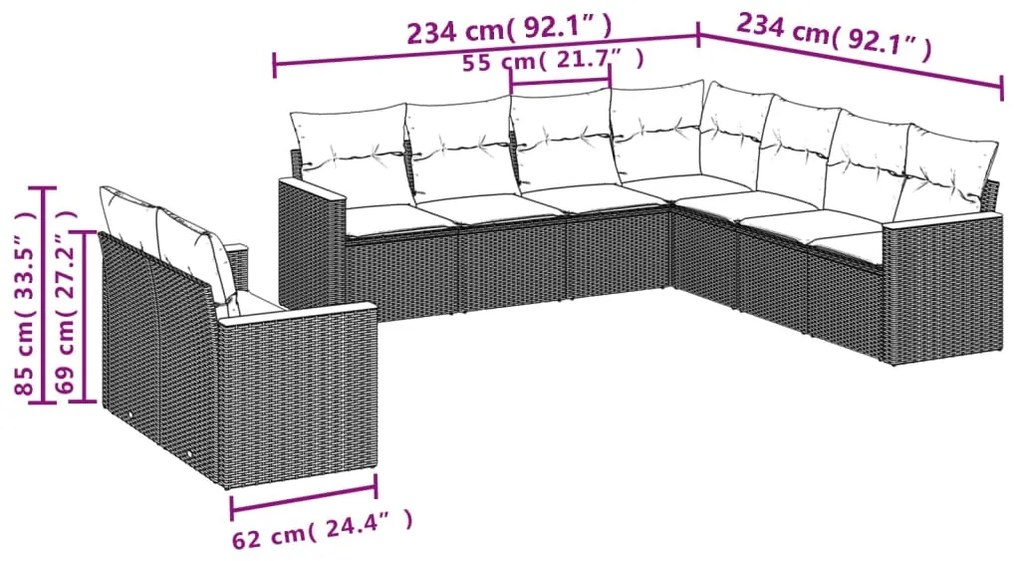 vidaXL Σαλόνι Κήπου Σετ 9 τεμ. Μπεζ Συνθετικό Ρατάν με Μαξιλάρια