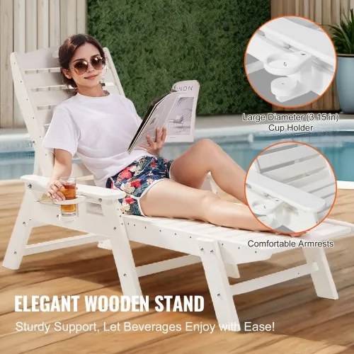 VEVOR Chaise Lounge Chair, 181 kg Weight Capacity, 6 Positions Adjustable Patio Lounge Chair, Outdoor HDPE Lounge Chair with Backrest & Cup Holder, for Pool Poolside Deck Backyard Lawn, White