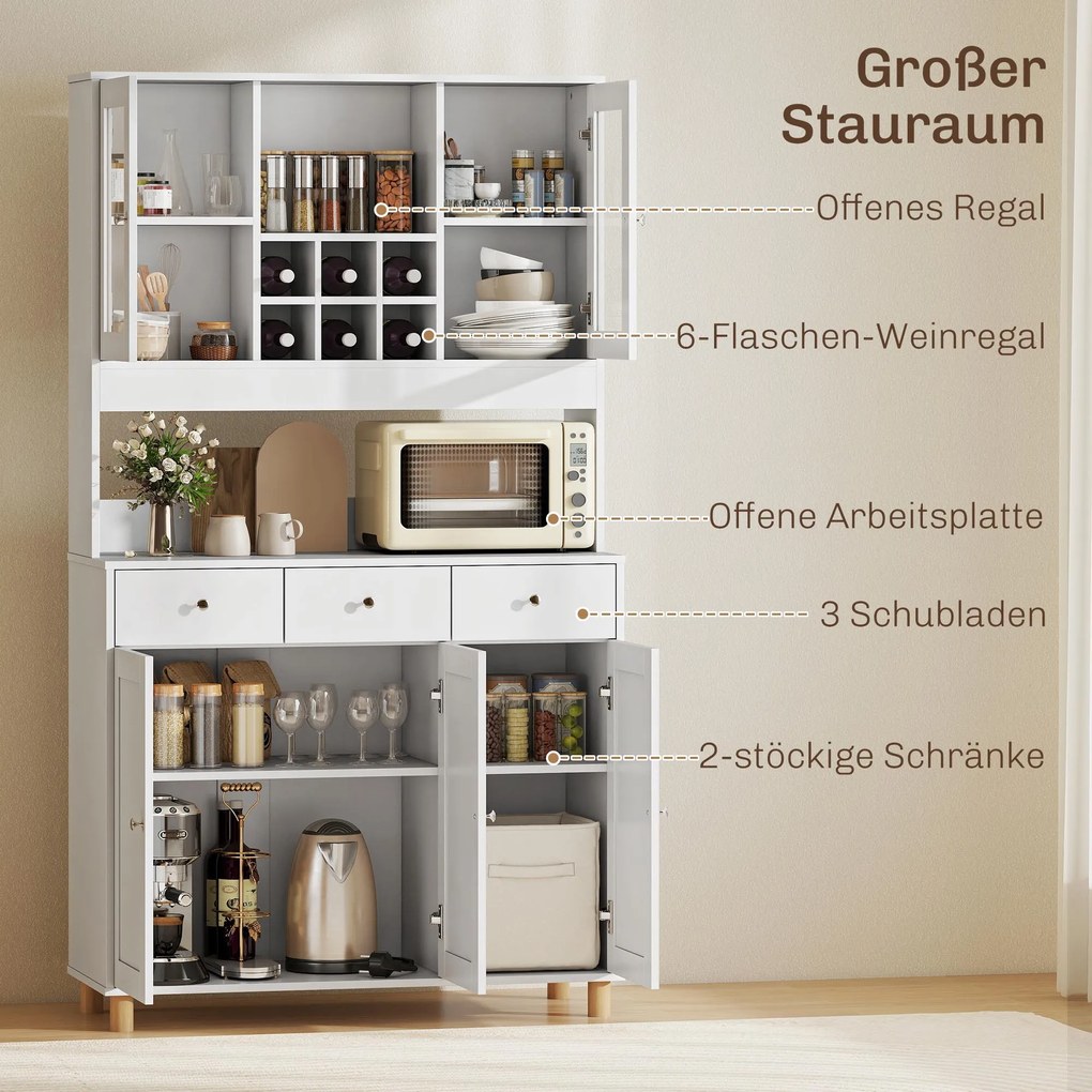 Ντουλάπι κουζίνας 180 εκ., 2 γυάλινες πόρτες, 3 συρτάρια, 4 ρυθμιζόμενα ράφια, ντουλάπι τραπεζαρίας, μοριοσανίδα, Λευκό