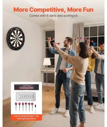 VEVOR Dartboard with 6 Darts &amp; Scoring Kit, Self-Healing Sisal Fibers Dartboard with Staple-Free Bullseye &amp; Rotating Number Ring, 451mm Professional Steel Tip Dart Board Set for Home Party Game Room