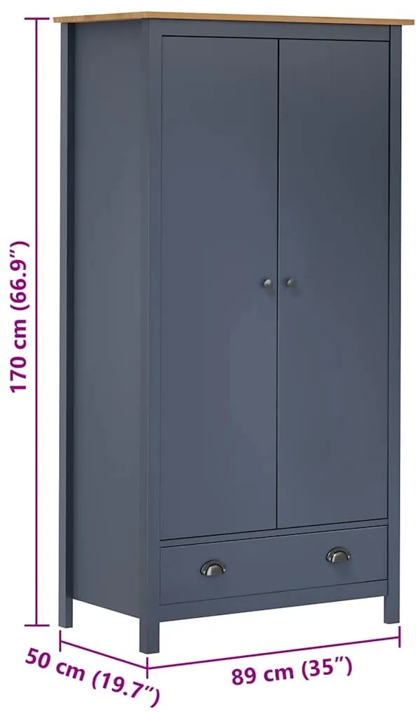 vidaXL Ντουλάπα Hill Δίφυλλη Γκρι 89x50x170 εκ. Μασίφ Ξύλο Πεύκου