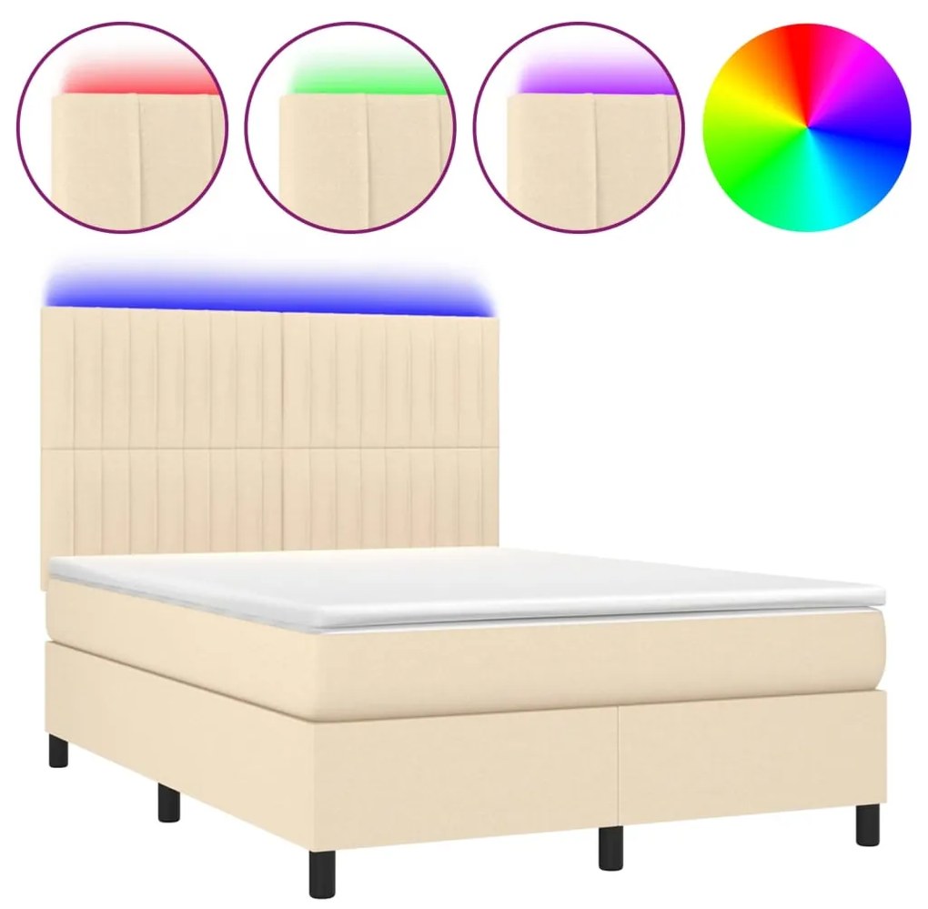 vidaXL Κρεβάτι Boxspring με Στρώμα & LED Κρεμ 140x200 εκ. Υφασμάτινο
