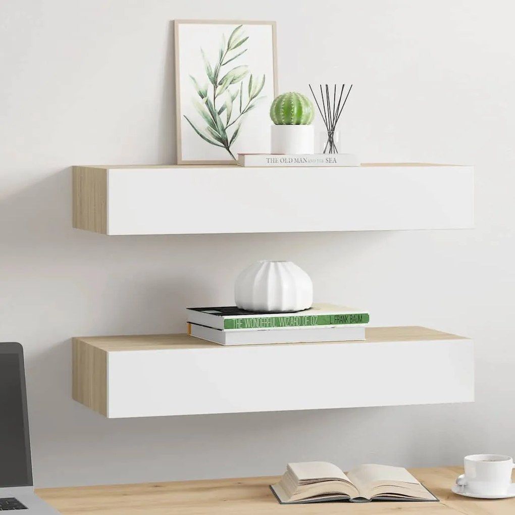 vidaXL Ράφια Τοίχου Συρτάρια 2 τεμ. Δρυς/Λευκό 60x23,5x10 εκ από MDF