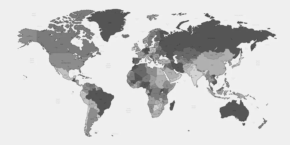 Εικόνα σε φελλό λεπτομερής παγκόσμιος χάρτης σε ασπρόμαυρο σχέδιο - 100x50  wooden