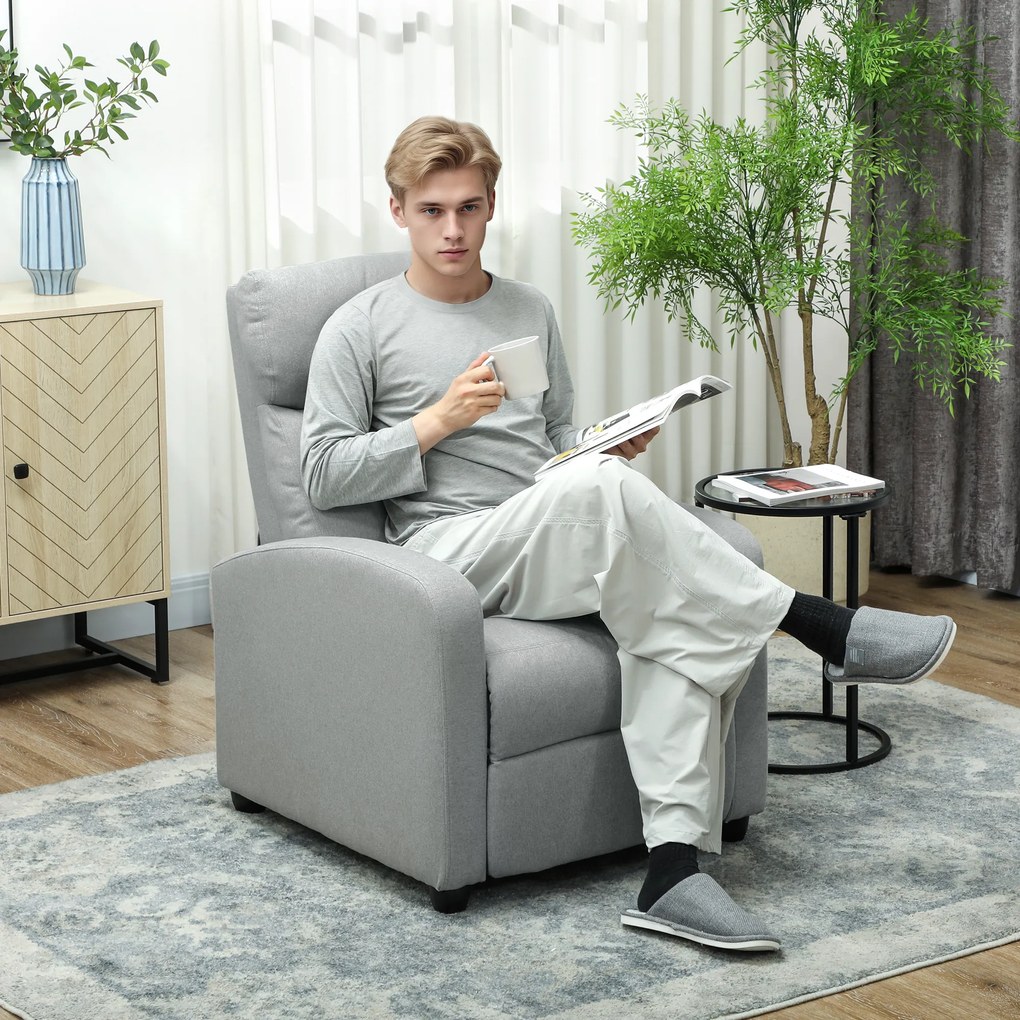 HOMCOM Πολυθρόνα Relax, Ρυθμιζόμενη 135°, Υποπόδιο, Επενδυμένα Μπράτσα, Ύφασμα Λινού Πολυεστέρα, Ανοιχτό Γκρι