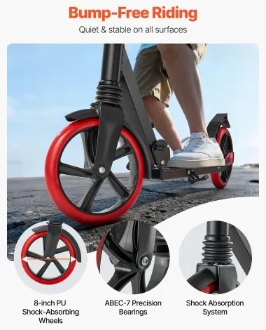 VEVOR Kick Scooter for Kids Ages 8+, Teens &amp; Adults, 2-Wheel Toddler Scooter with Adjustable Height Handlebar, Wide Anti-Slip Deck, Foldable Lightweight for Boys &amp; Girls up to 99.8 kg, Black + Red