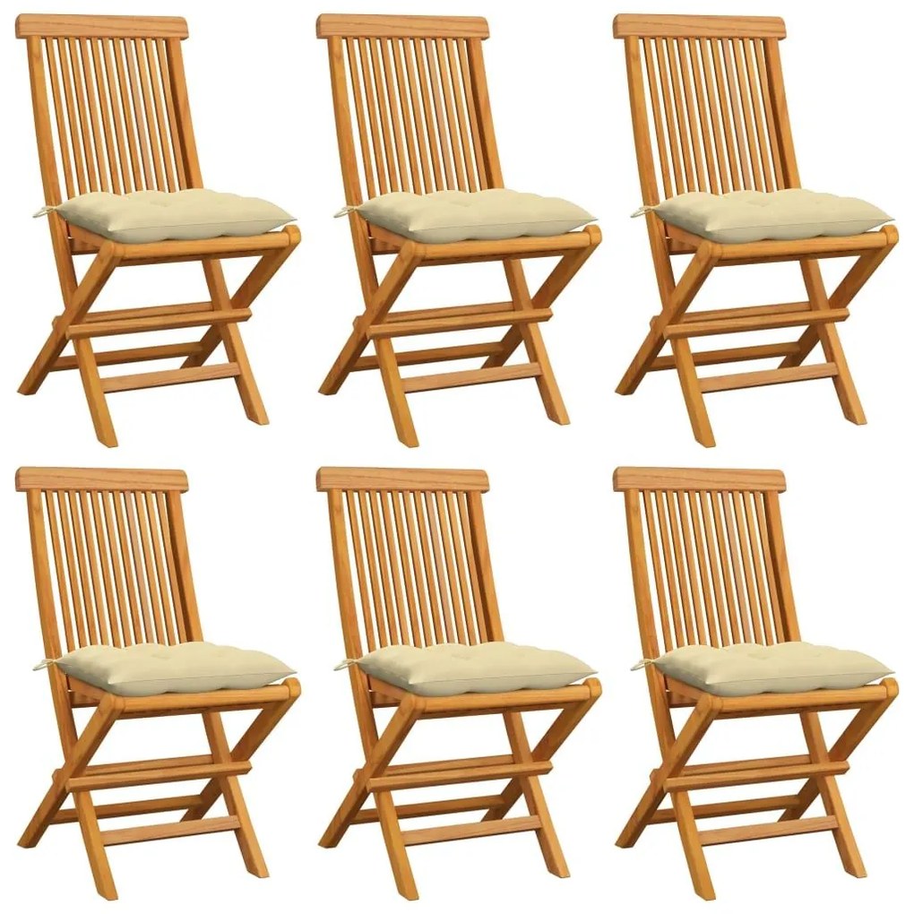 Καρέκλες Κήπου 6 τεμ. Μασίφ Ξύλο Teak με Λευκά/Κρεμ Μαξιλάρια - Κρεμ