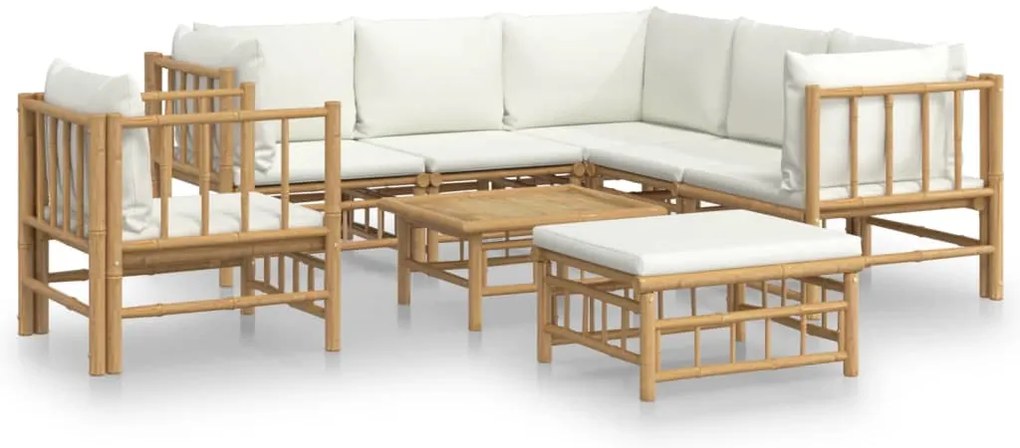 vidaXL Σαλόνι Κήπου Σετ 8 τεμ. από Μπαμπού με Λευκά Κρεμ Μαξιλάρια