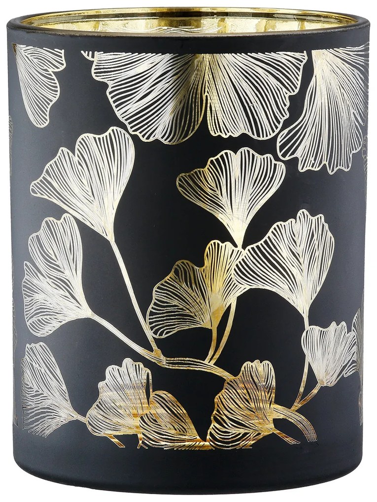 Φανάρι Καταιγίδας Cylindrical "Ginkgo" Ginkgo Motif Γυάλινο Μαύρο PU 18 H. cm D. 7 cm-05161253