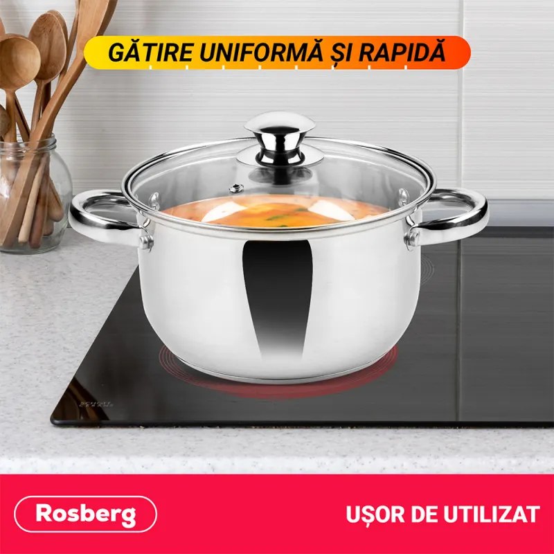 Κατσαρόλα Rosberg R51210O20, 3L, 20 cm, Γυάλινο καπάκι με τρύπα εκτόνωσης ατμού, Inox