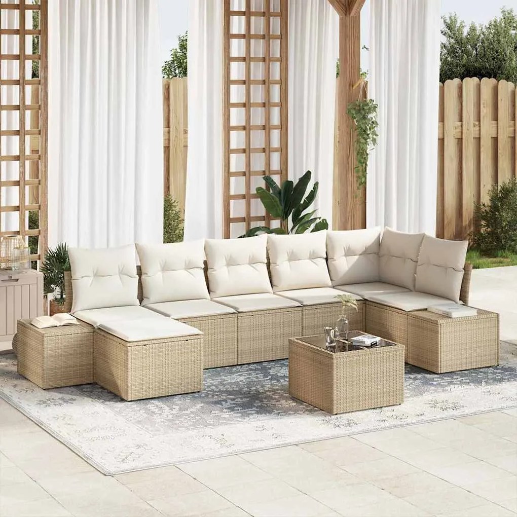 vidaXL Σετ Καναπέ Κήπου με μαξιλάρι 8 pcs Μπεζ Πολυ ράταν