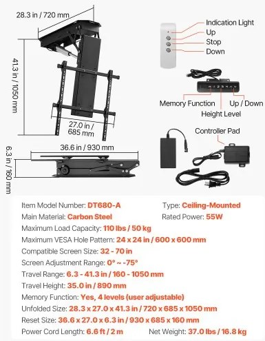 VEVOR Motorized Ceiling TV Mount Electric Flip Down TV Mount for 32-70 in Screen