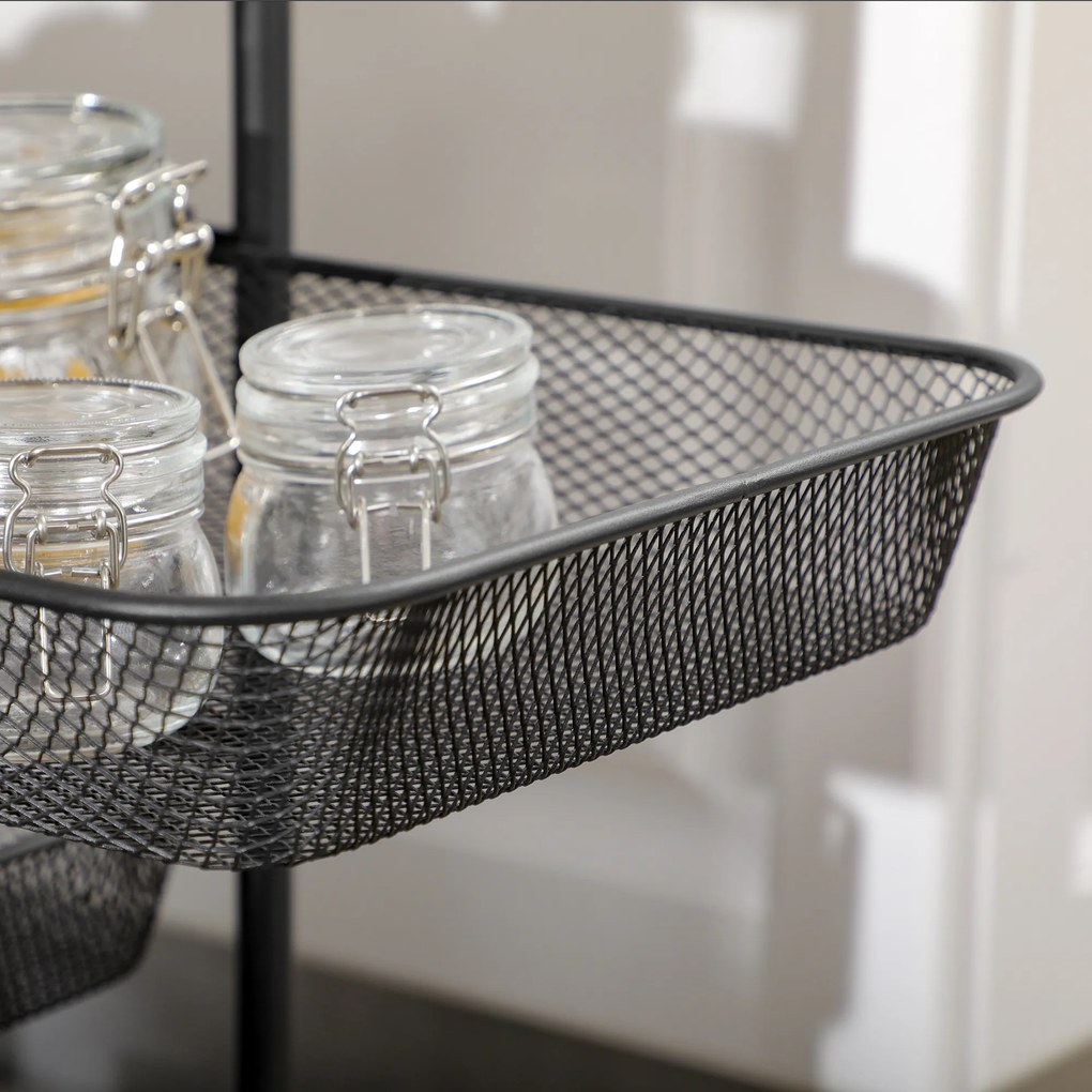 Τροχήλατο καρότσι HOMCOM με 4 καλάθια, καρότσι κουζίνας, 4 τροχοί με 2 φρένα, καρότσι πολλαπλών χρήσεων, Μαύρο, 41,5 x 31 x 66 cm