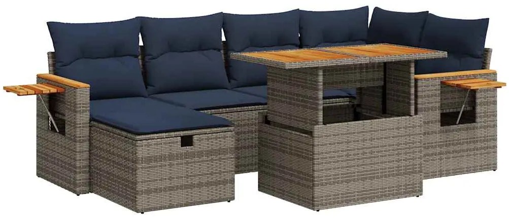 vidaXL Καναπές Σετ 7Τεμαχίων Γκρι Συνθετικό Ρατάν με Μαξιλάρια Ακακία