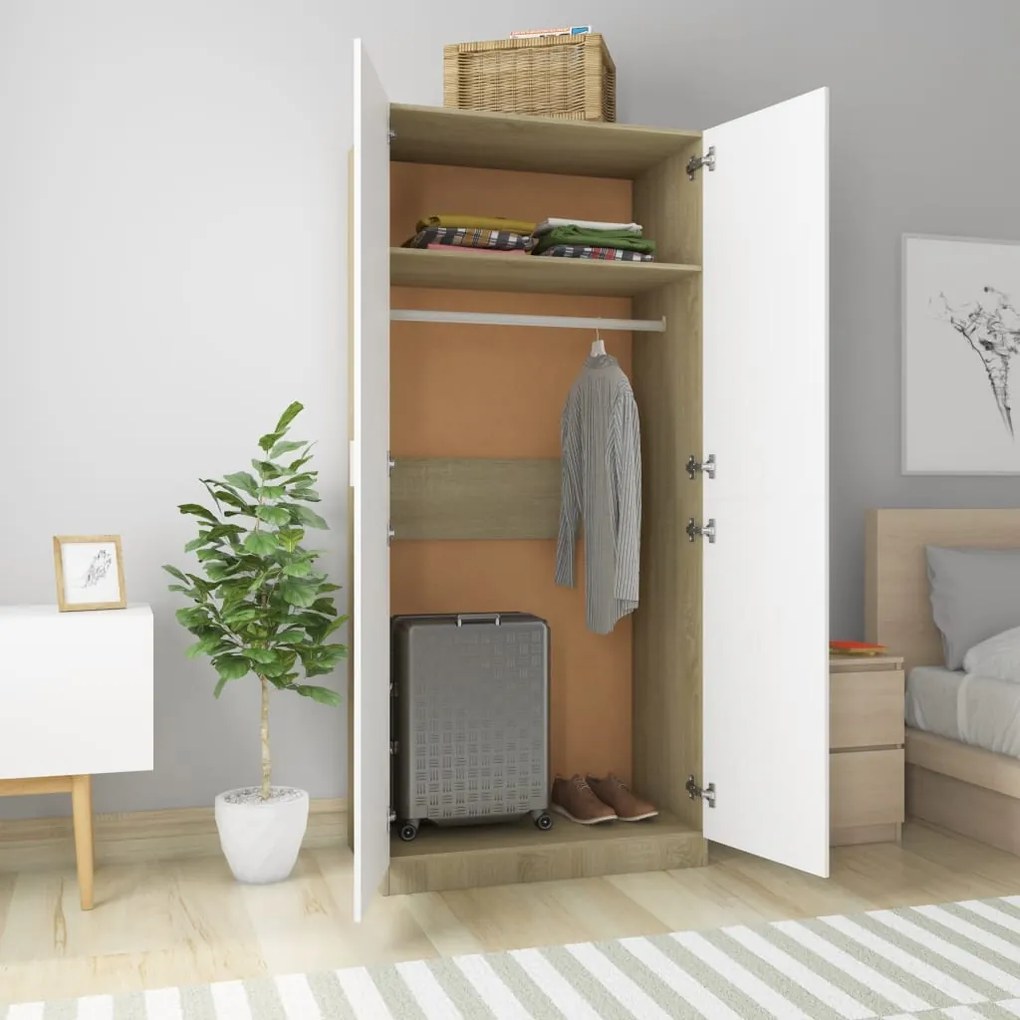 vidaXL Ντουλάπα Λευκή / Sonoma Δρυς 90 x 52 x 200 εκ. από Μοριοσανίδα