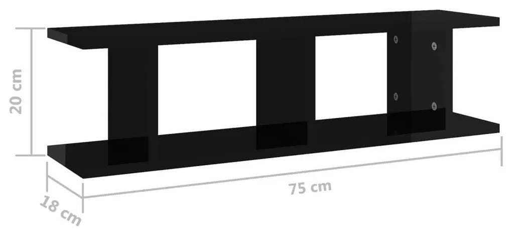 Ραφιέρες Τοίχου 2 τεμ. Γυαλιστερό Μαύρο 75x18x20 εκ. Επεξ. Ξύλο - Μαύρο