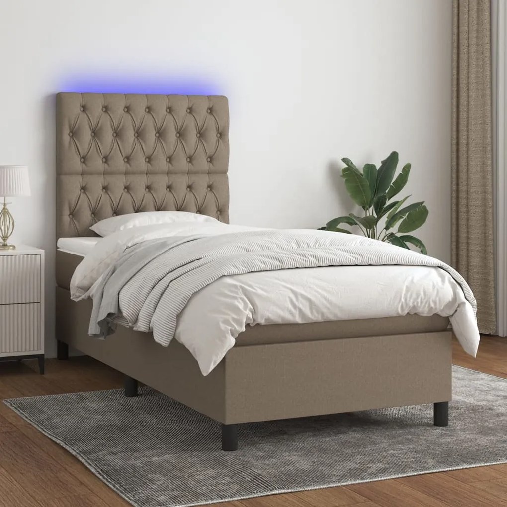 Κρεβάτι Boxspring με Στρώμα &amp; LED Taupe 90x200 εκ. Υφασμάτινο - Μπεζ-Γκρι