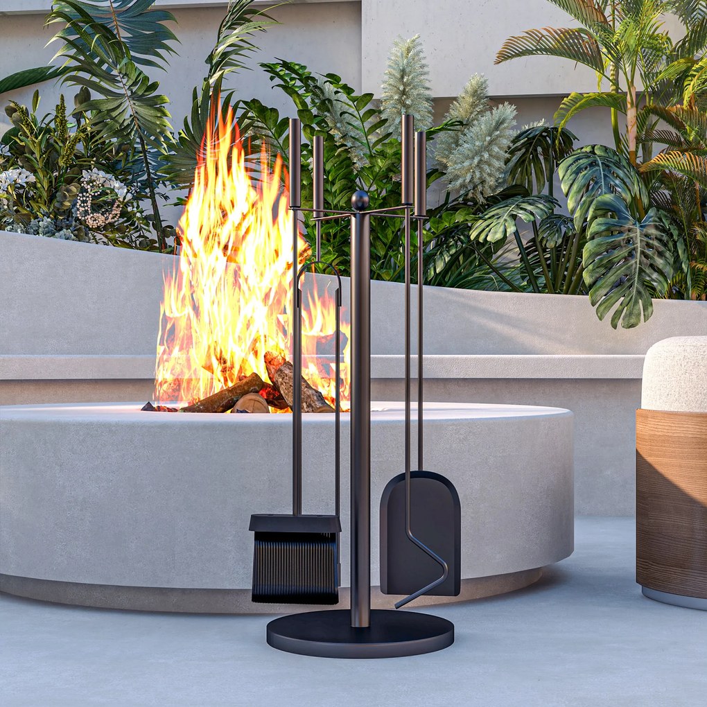 Outsunny Σετ εργαλείων τζακιού, 5 τεμαχίων, σκούπα, φτυάρι, τανάλια, εργαλείο για κάρβουνα και βάση, πυρίμαχο μέταλλο, Μαύρο