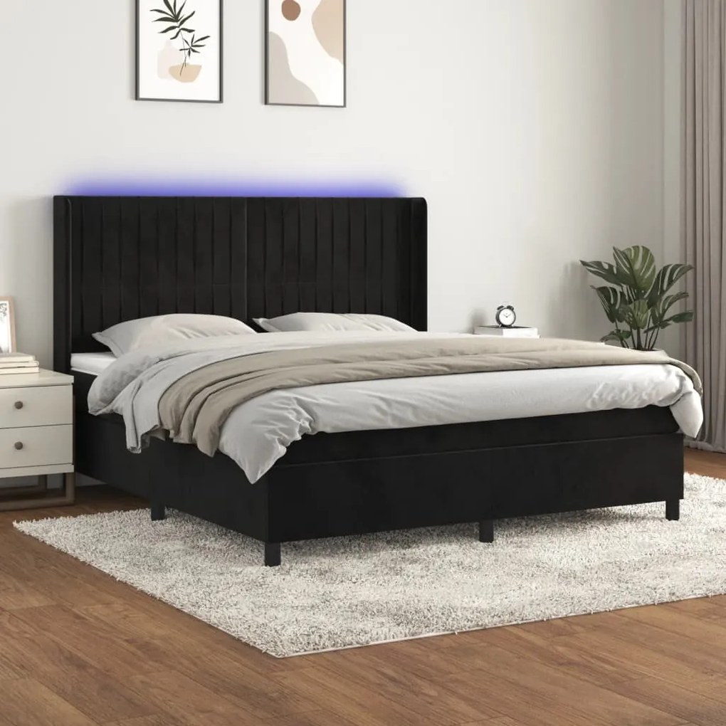 vidaXL Κρεβάτι Boxspring με Στρώμα & LED Μαύρο 160x200 εκ. Βελούδινο