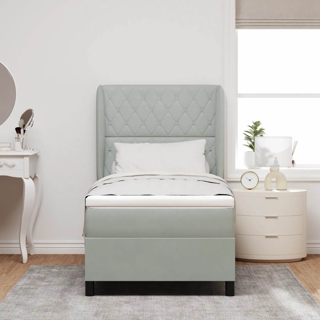 vidaXL κρεβάτι Box Spring με στρώμα Ανοιχτό γκρι 90x190 εκ. Βελούδο