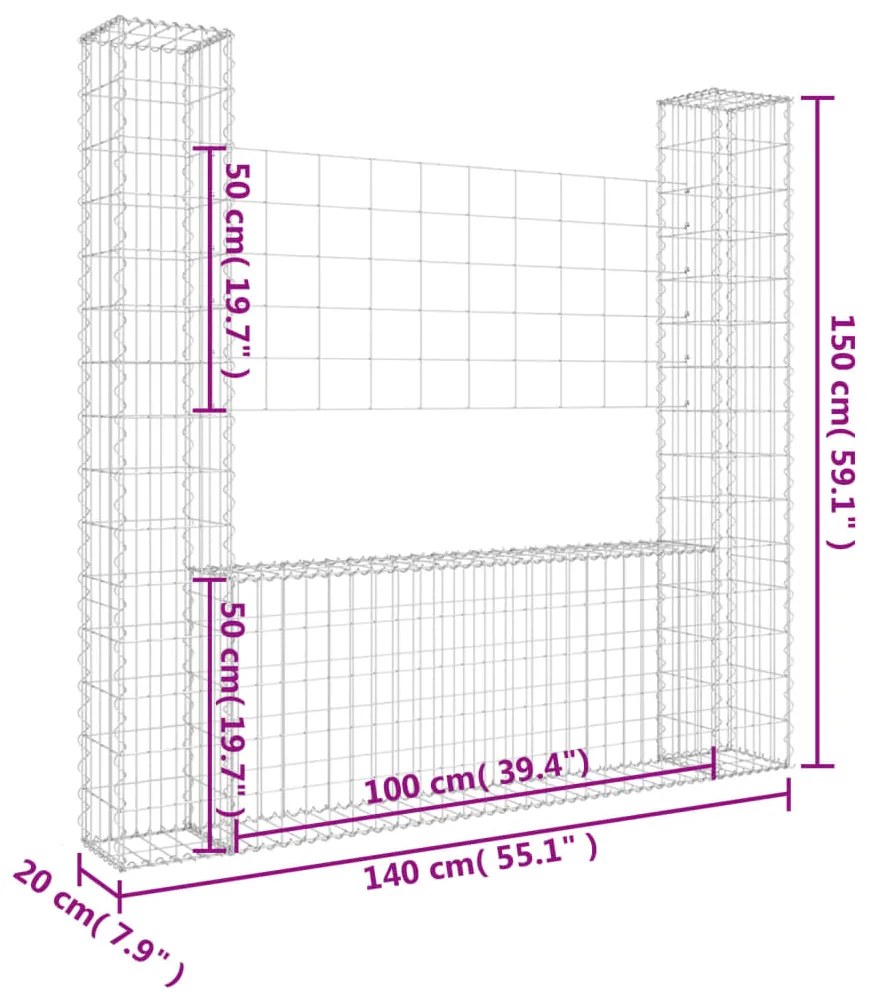 vidaXL Συρματοκιβώτιο σε U Σχήμα με 2 Στύλους 140x20x150 εκ. Σιδερένιο