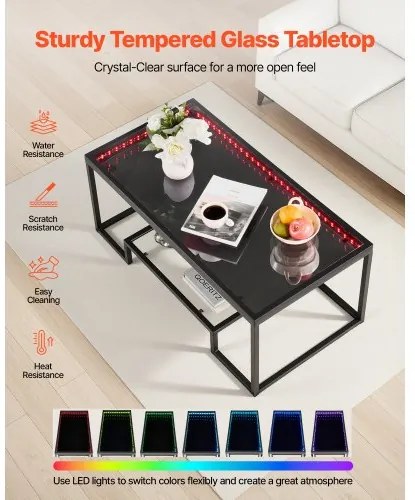 VEVOR Coffee Table, Modern Tempered Glass Coffee Table with Lighting, 2 Tiers Rectangle Glass Center Desk with Open Storage, Minimalist Metal Accent End Desk for Living Room, Office, Easy Assembly