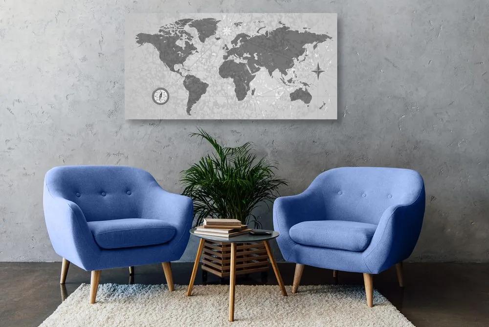 Εικόνα στον παγκόσμιο χάρτη από φελλό με πυξίδα σε στυλ ρετρό σε ασπρόμαυρο σχέδιο - 120x60