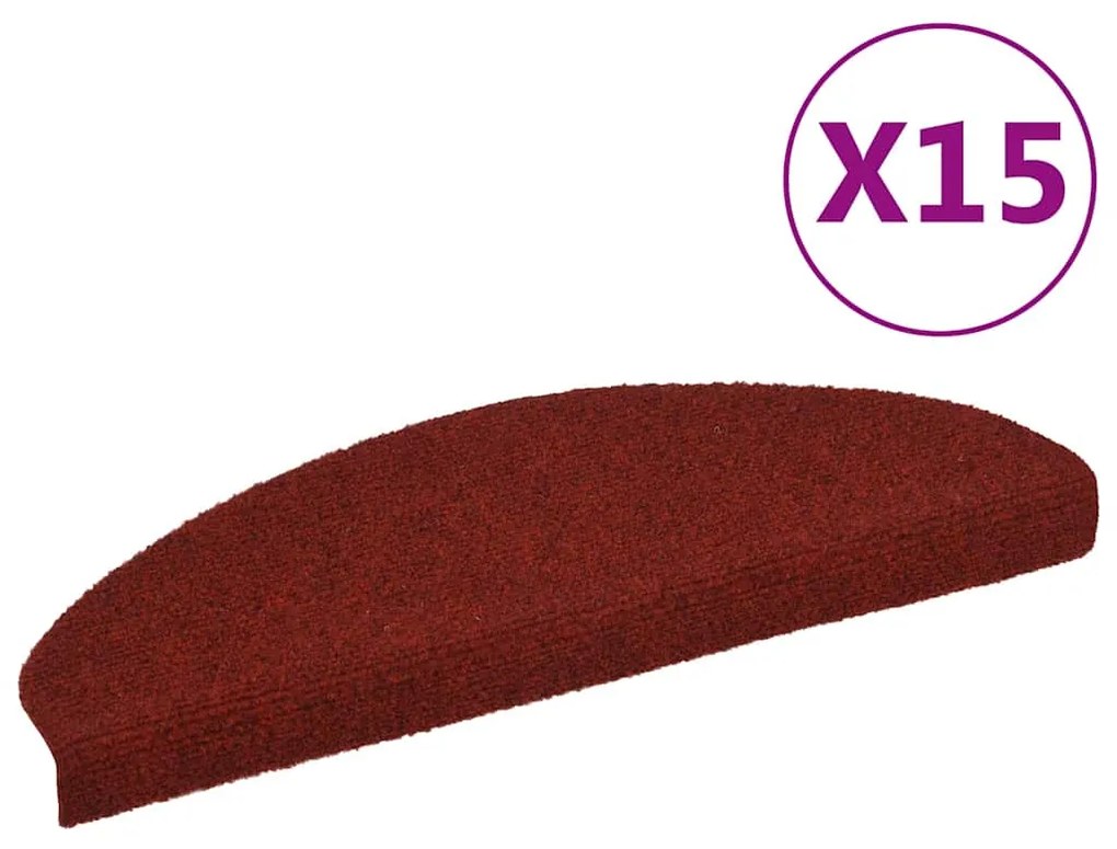vidaXL Πατάκια Σκάλας Αυτοκόλλητα 15τεμ Κόκκινα 65x21x4εκ Βελονιασμένο