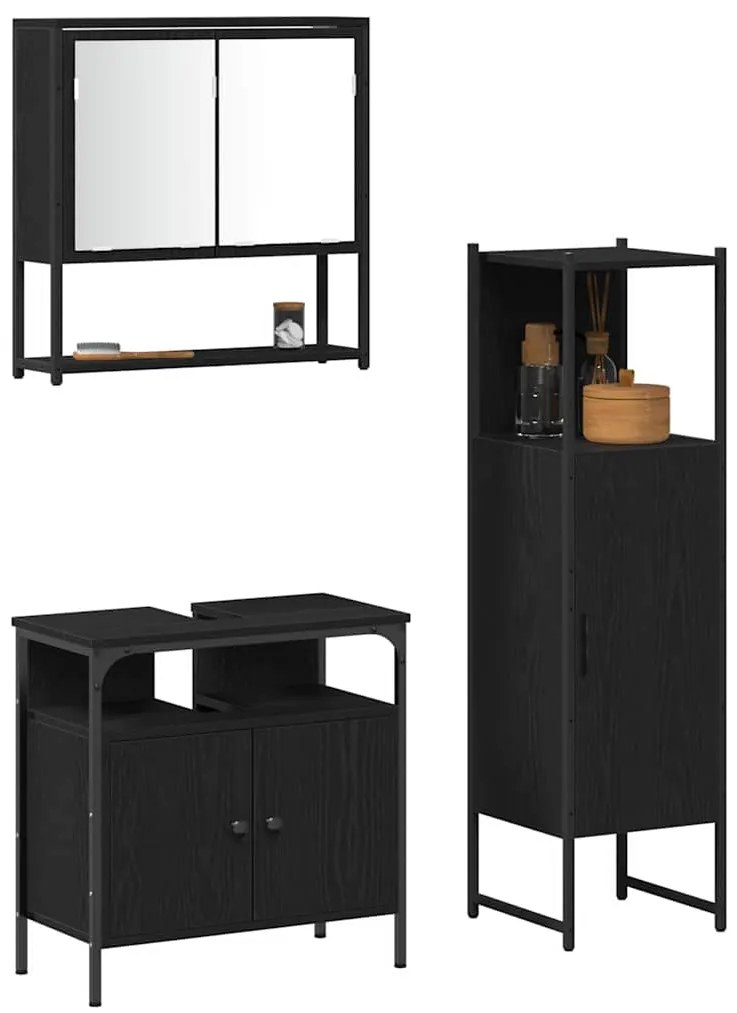 vidaXL Σετ Επίπλων Μπάνιου με ράφι 3 pcs Μαύρο Επεξεργασμένο ξύλο