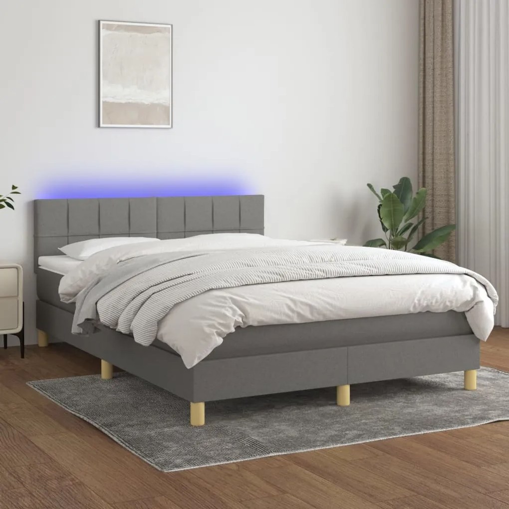 Κρεβάτι Boxspring με Στρώμα &amp; LED Σκ.Γκρι 140x200 εκ Υφασμάτινο - Γκρι