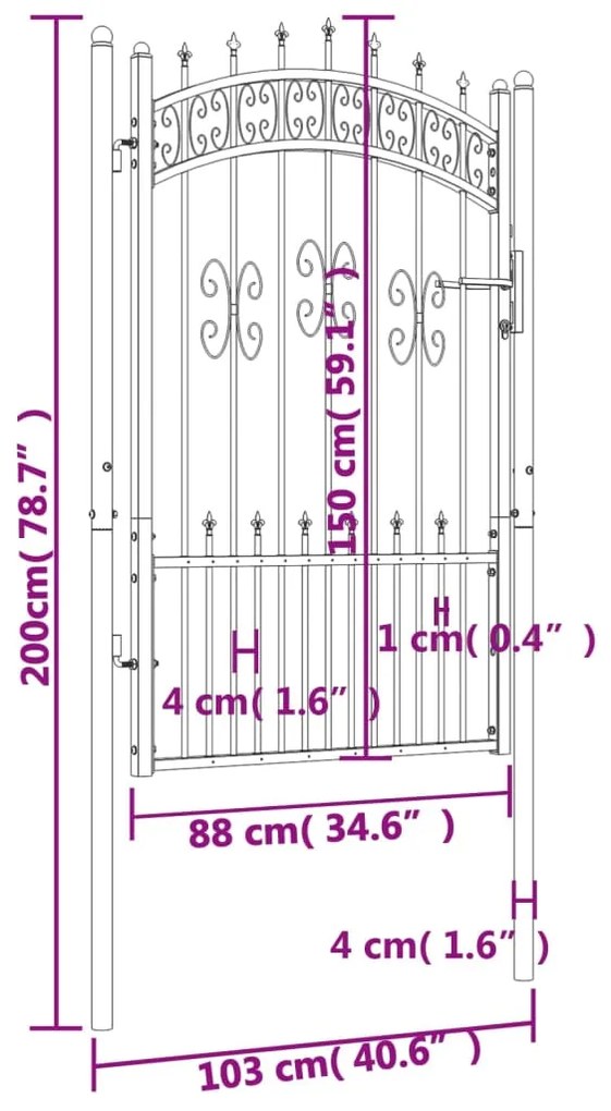 vidaXL Πόρτα Φράχτη με Ακίδες Μαύρη 103x200 εκ. Ατσάλι με Ηλεκτρ. Βαφή