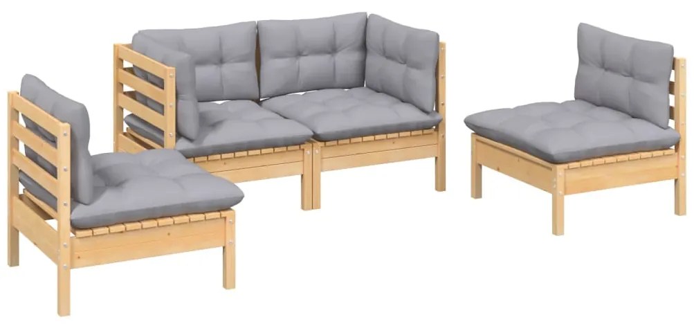 vidaXL Σαλόνι Κήπου Σετ 4 Τεμαχίων Μασίφ Ξύλο Πεύκου με Γκρι Μαξιλάρια