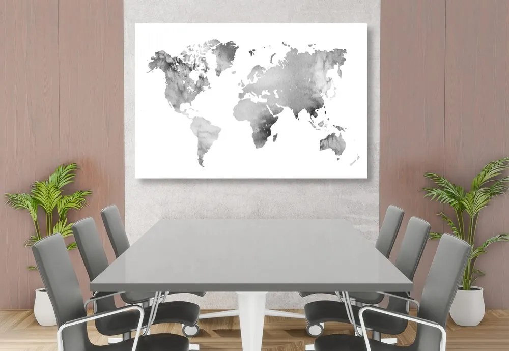 Εικόνα στον παγκόσμιο χάρτη από φελλό σε ασπρόμαυρο σχέδιο ακουαρέλας - 120x80  arrow