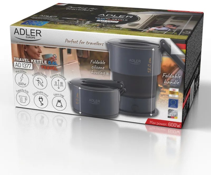 Τουριστικός ηλεκτρικός βραστήρας Adler AD 1377, 600W, 0,6 l, Αναδιπλούμενο σώμα σιλικόνης, Προστασία υπερθέρμανσης, Ένδειξη φωτός, Γκρι/Μαύρο
